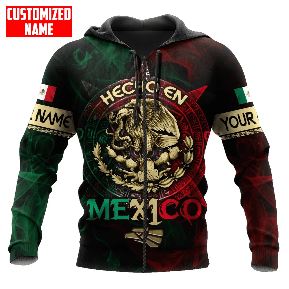 Mexico National Flag Printing Hooded Zip-Up Sweatshirts Fashion 3D Eagle Pattern Hoodies For Men Personalization Name Loose Tops