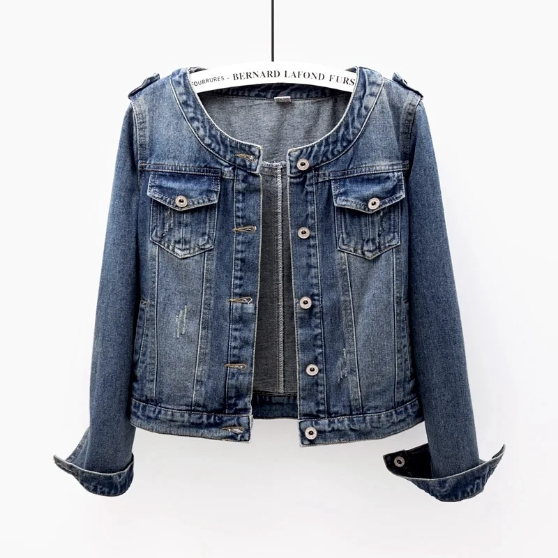 

Spring Autumn Slim Vintage Blue Denim Jacket Coat Women Basic Outerwear Chaquetas Mujer Korean O-Neck Short Jeans Jacket Female