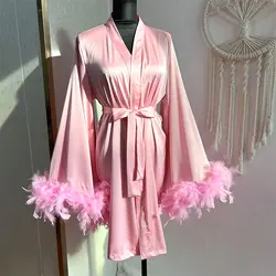 Short Satin Silk Robe Kimono PINK Natural Feathers Dressing Gown Boudoir Bridesmaid Robe Wedding Party Gift Bridal Dressing Gown