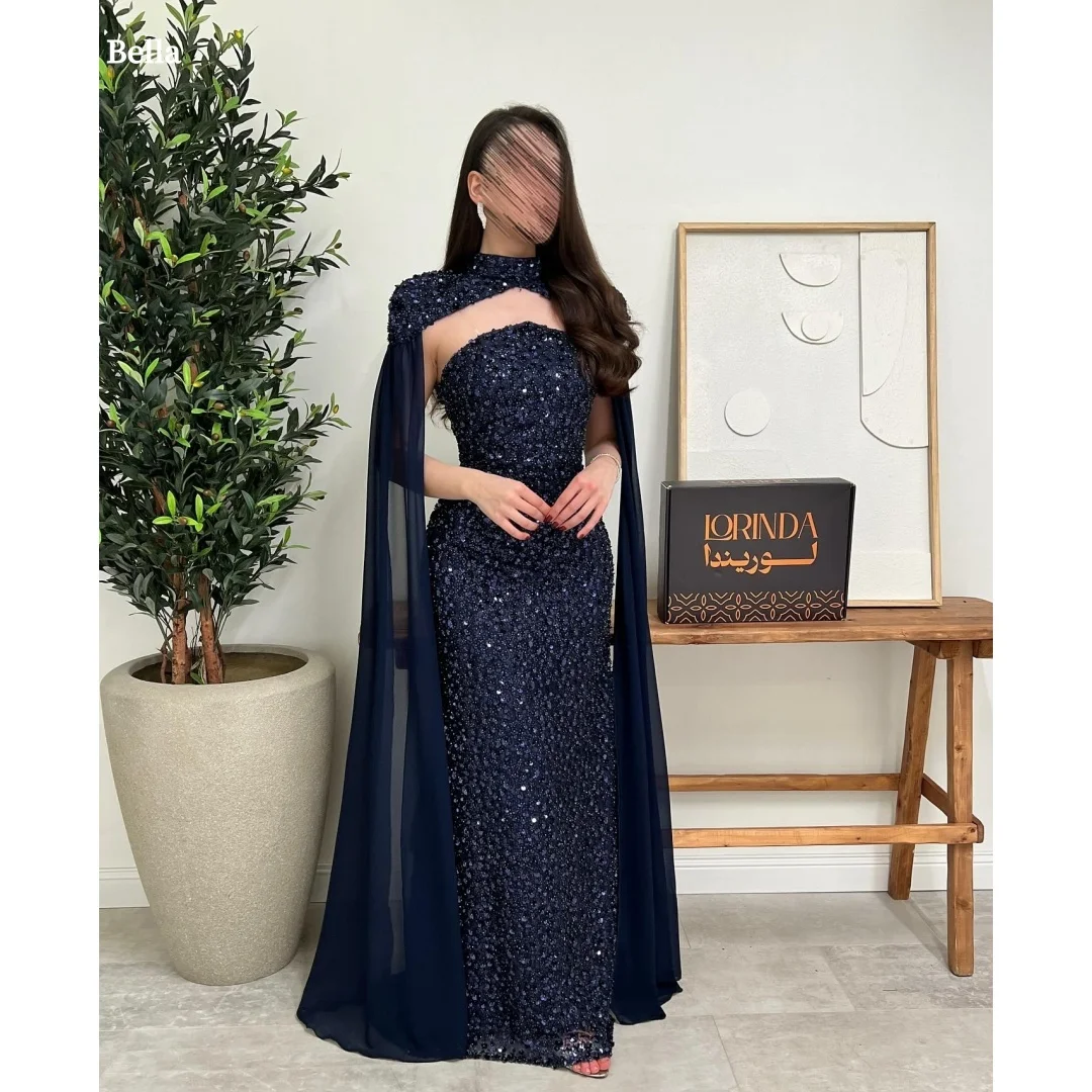 

Bella Индивидуальное темно-синее платье для выпускного вечера с высоким вырезом и пайетками, облегающее вечернее платье длиной до пола, элегантные вечерние платья