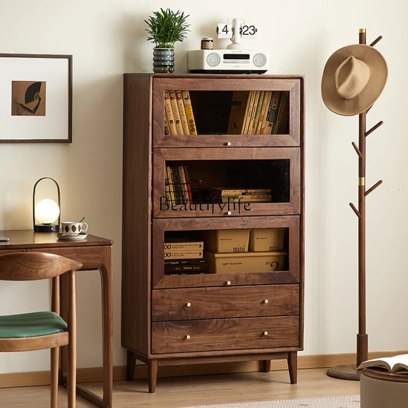 

North American black walnut Nordic simple solid wood glass display cabinet Household wall side cabinet