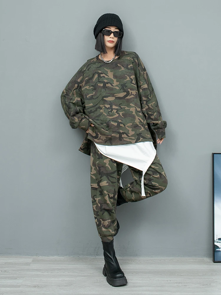 New Women's Fashion Camouflage Asymmetrical Long-sleeved Pullover Sweatshirt Elastic Waist Harem Pants Streetwear Two-piece Set