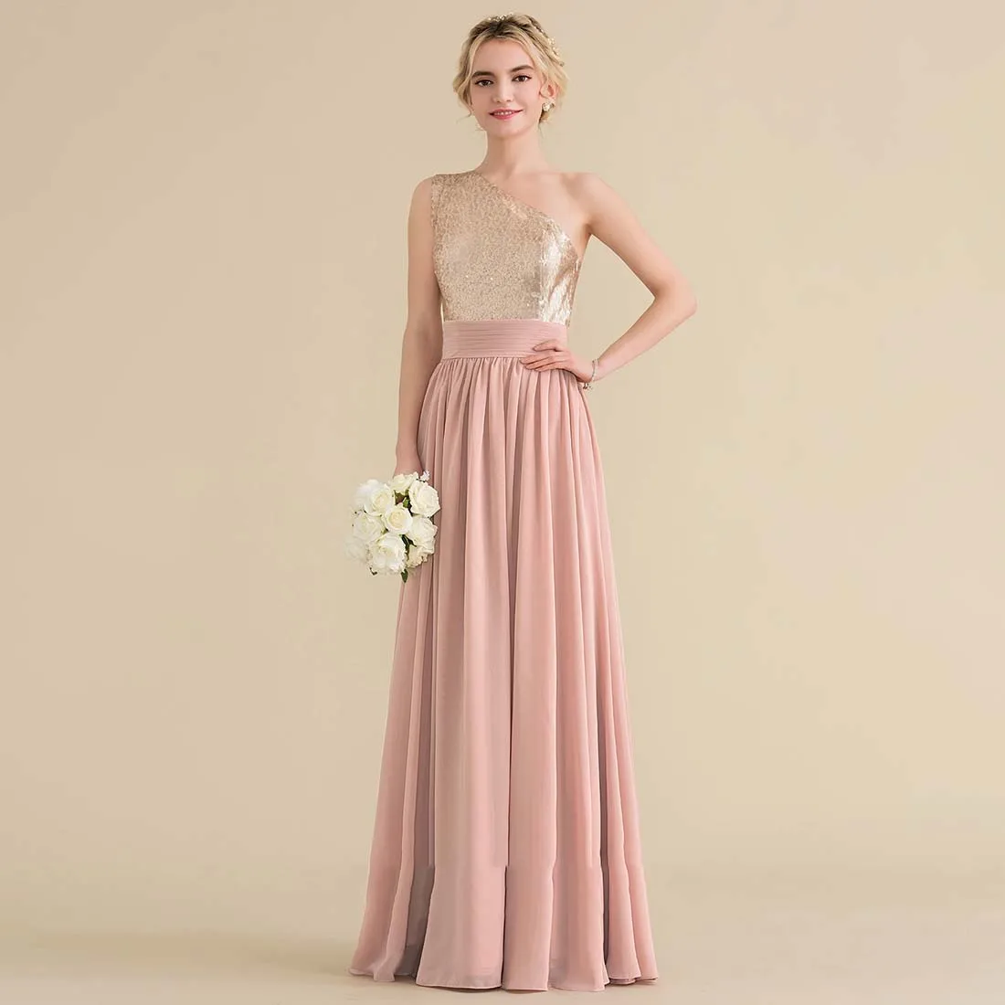 YZYmanualroom Chiffon Sequined Bridesmaid Dress A-line One Shoulder Floor-Length