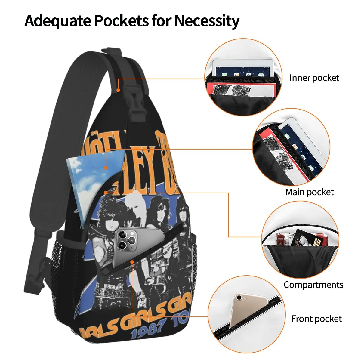 2024 Hot Sale-Motley-Crued Rock Band '87 Tour Small Sling Bag Chest Crossbody Shoulder Sling Backpack Daypacks Men Women Satchel