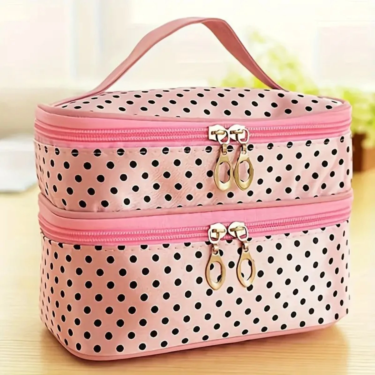 Elegante bolsa de maquillaje de lunares de doble capa con asa y soporte para brochas, organizador de artículos de tocador compacto para viajes y belleza de mujer E