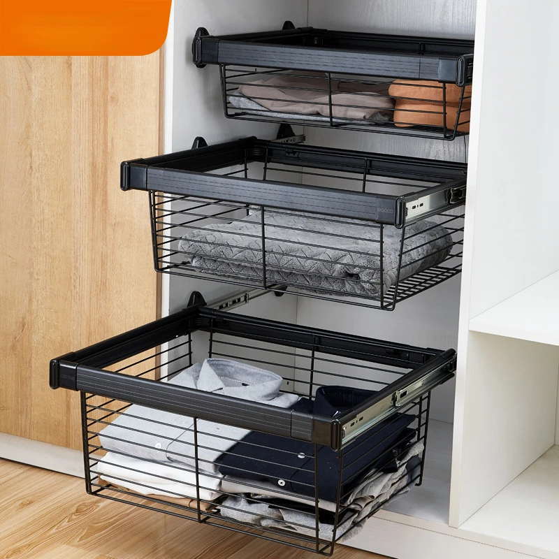 Kabe wardrobe pull-up drawer type, built-in telescopic trouser rack, push-pull storage basket, layered transformation metal