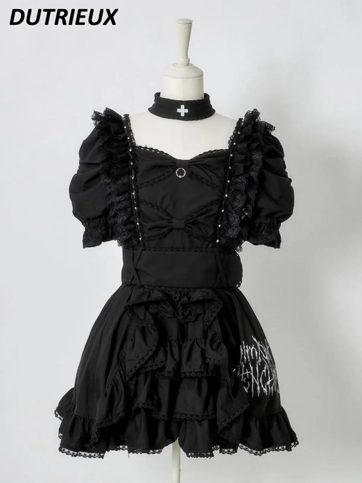 Japanese Mine Y2k Element Pleated Puff Sleeve Lotus Leaf Lolita Dress Female 2024 Summer New Puff Short Sleeve Waist-Tight Dress