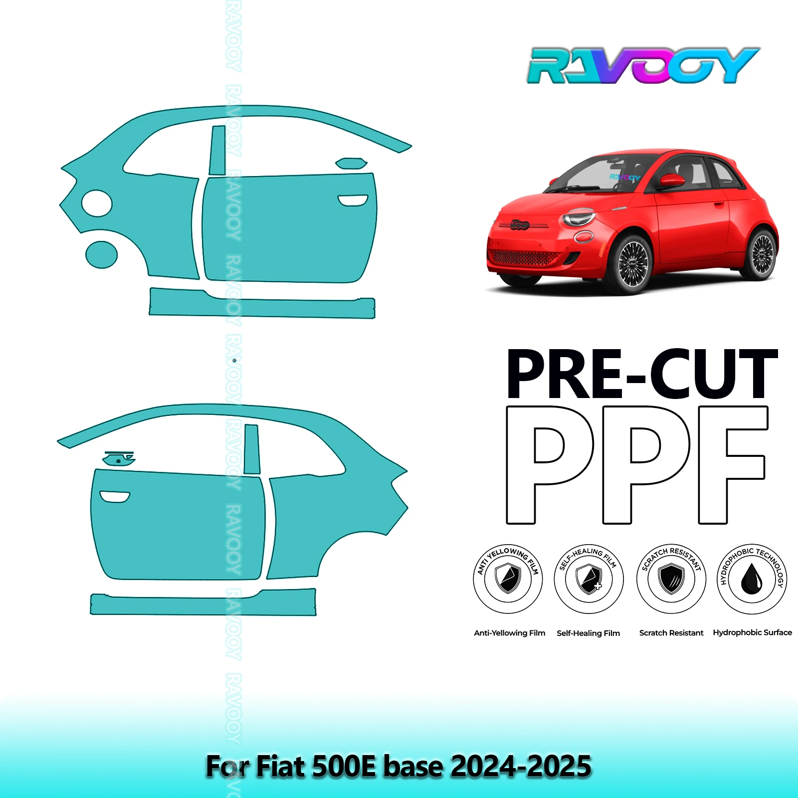 

For Fiat 500E base 2024-2025 8.5mil Clear Matte Pre-Cut PPF Door & A/B Pillar Kit TPU Paint Protection Film Set