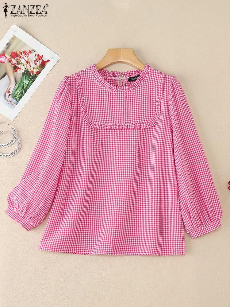

2025 Autumn Plaid Checked Blouse ZANZEA Elegant Shirt Women O Neck Long Sleeve Tops Mujer Female OL Work Blusas Oversize Chemise