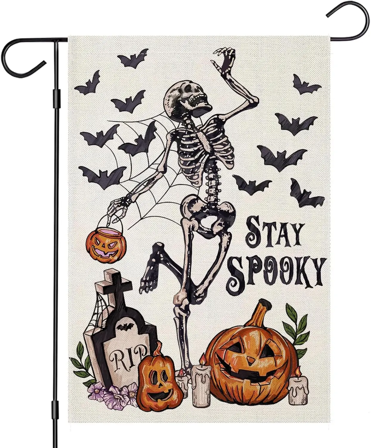 Halloween Garden Flags for Outside Decoration, STAY SPOOKY Skeleton with Pumpkin Small Yard Flag for Outdoor Decor 12x18 Inch Ve