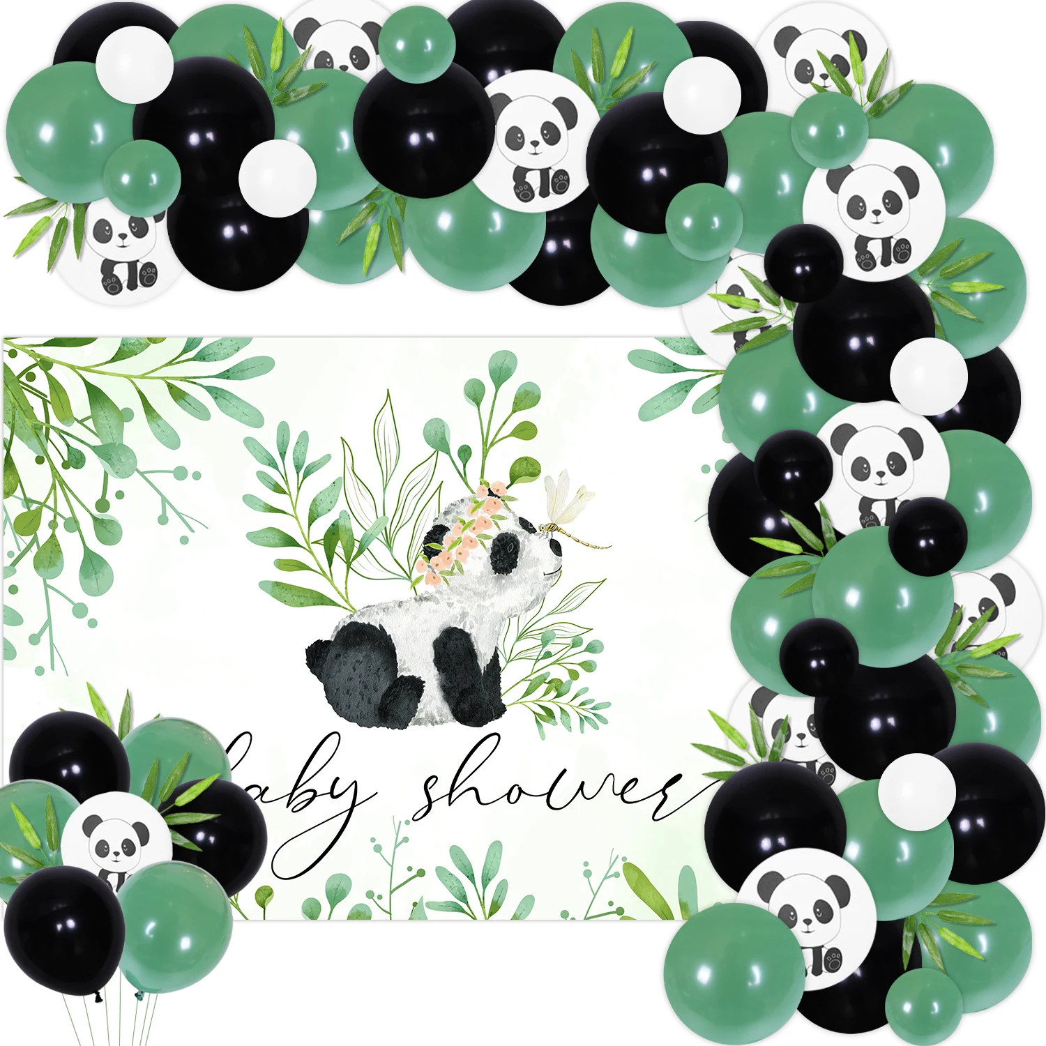 

Panda Theme Baby Shower Decorations Green Black Balloon Garland Kit with Panda Backdrop for Kids Panda Birthday Party Supplies