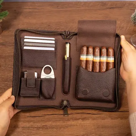 Vintage Crazy Horse Cigar Humidor Case - Leather Multifunctional Holder with Lychee Pattern, Golden-Tone Hardware & Zippered Com