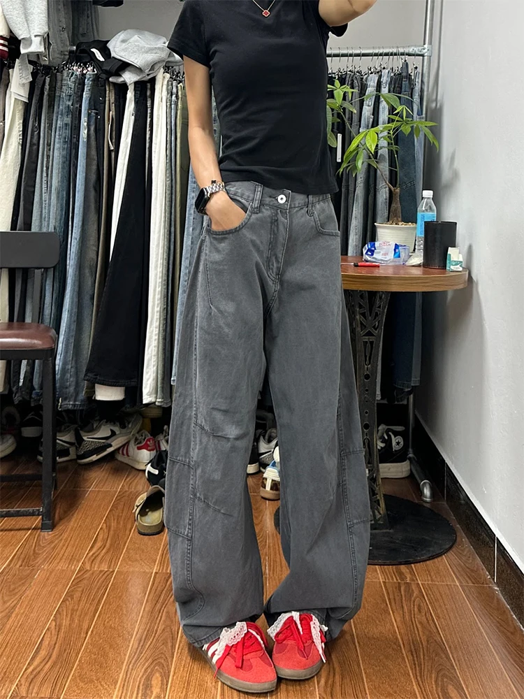 

Серые мужские джинсы-клеш в американском ретро-стиле, осенние, свободного кроя, с эффектом драпировки, средней посадки, на молнии