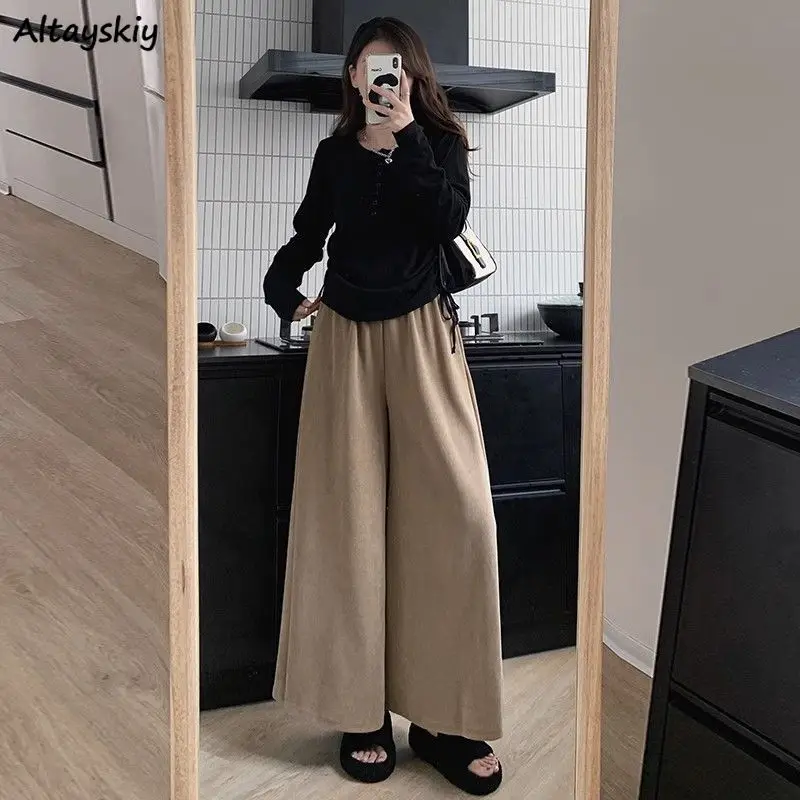 Pants Women Spring Girls Loose Pleated Solid Causal Simple Elastic Waist Slender Korean Fashion Retro Warm Oversize Drape S-5XL