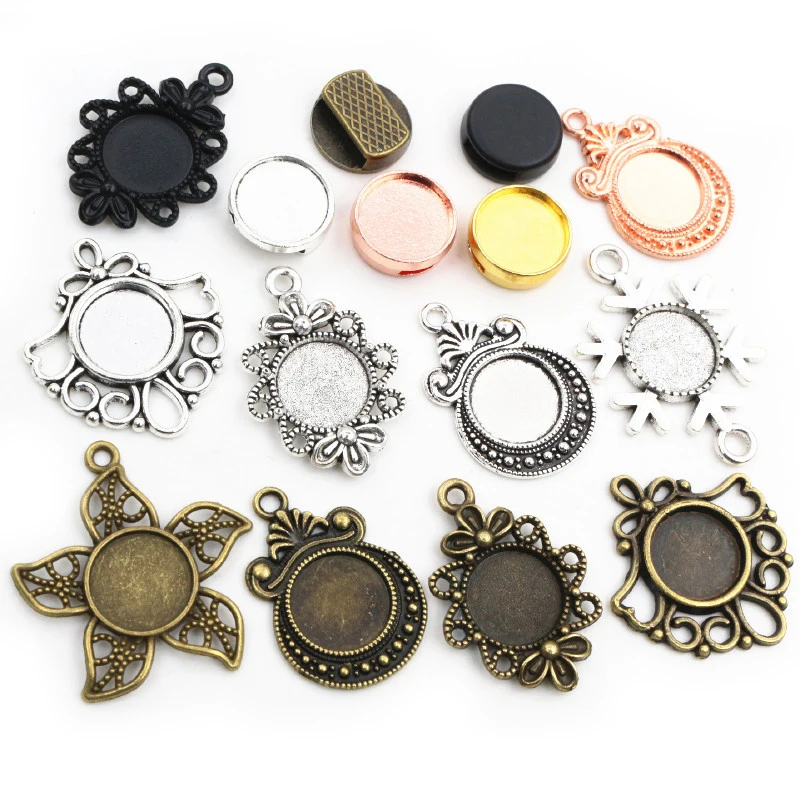 20pcs 12mm Inner Size Antique bronze Black Silver Plated Fashion Style Cabochon Base Cameo Setting Charms Pendant