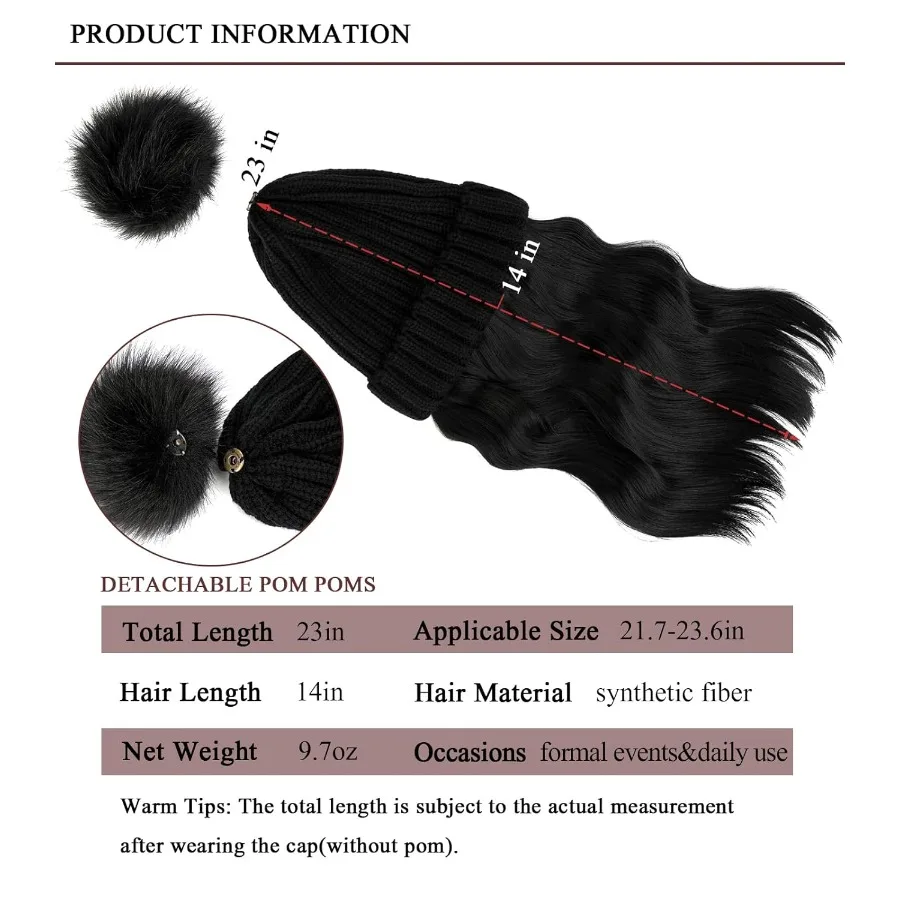 الشتاء المرأة الضلع قبعة متماسكة مع 14 '' انفصال مجعد متموج تطويلة شعر من الألياف شعر مستعار قبعة لدفء مريح وأنيق لوه