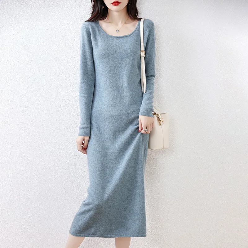 

2023 New Women's Knitted U-Neck Long Style Dresses, 100% Wool, Female Jumpers, Winter and Autumn Clothing, New Arrival SY01