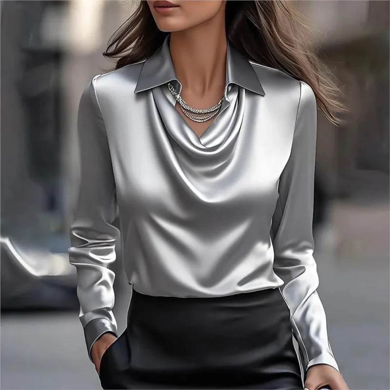 

Women Fashion Solid Color Shirt Collar Blouse Tops 2025 Spring Autumn Casual Long Sleeve Office Shirt Elegant Top Female
