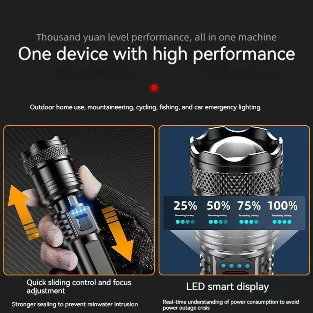 مصباح LED فائق السطوع 1200 لومن، مصباح يدوي قابل للتكبير وقابل لإعادة الشحن