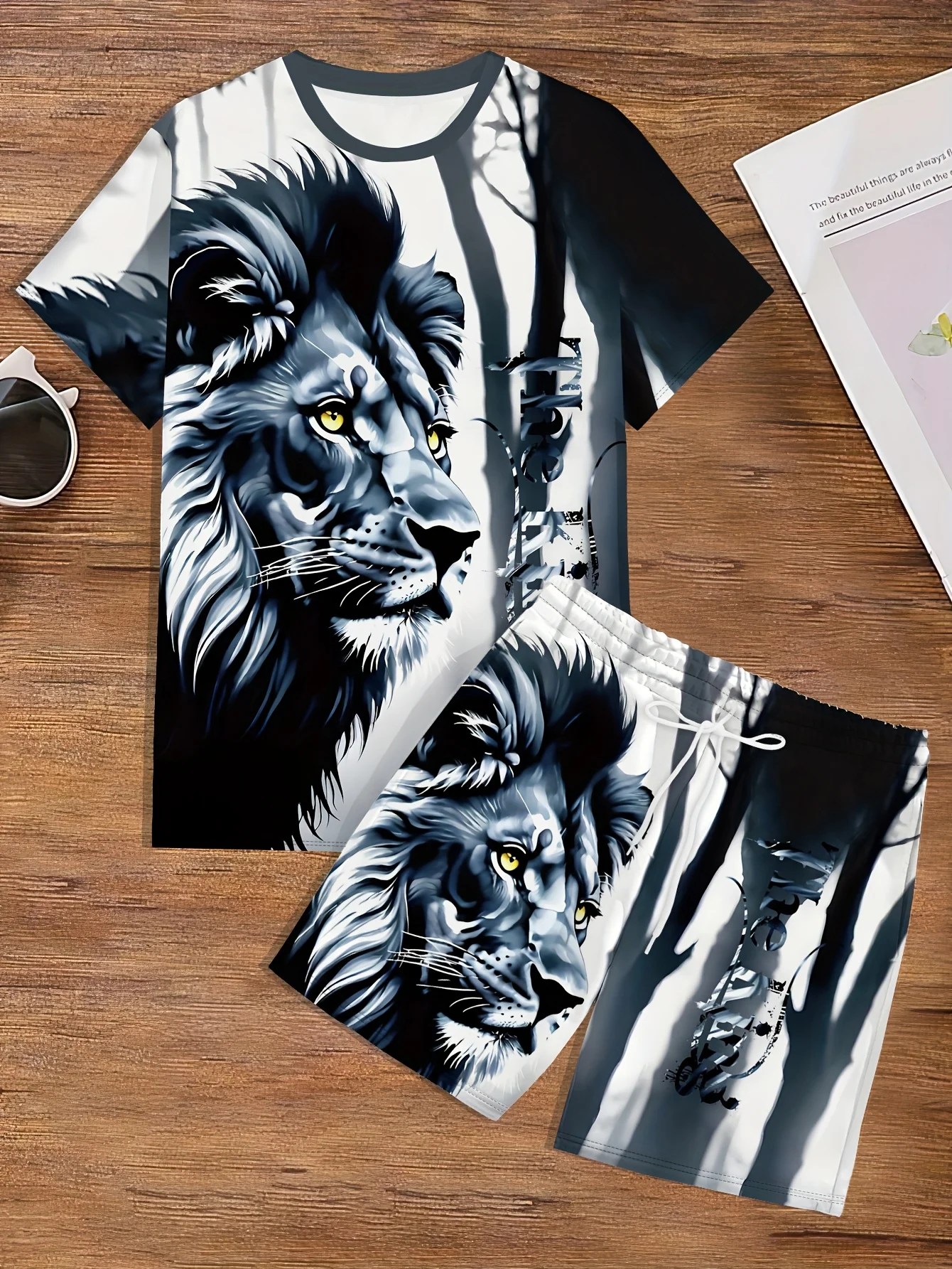

Summer 2025 New 3D Lion King Men's Printed T-shirt Set, Round-neck Short-sleeved T-shirt, Casual, Outdoor