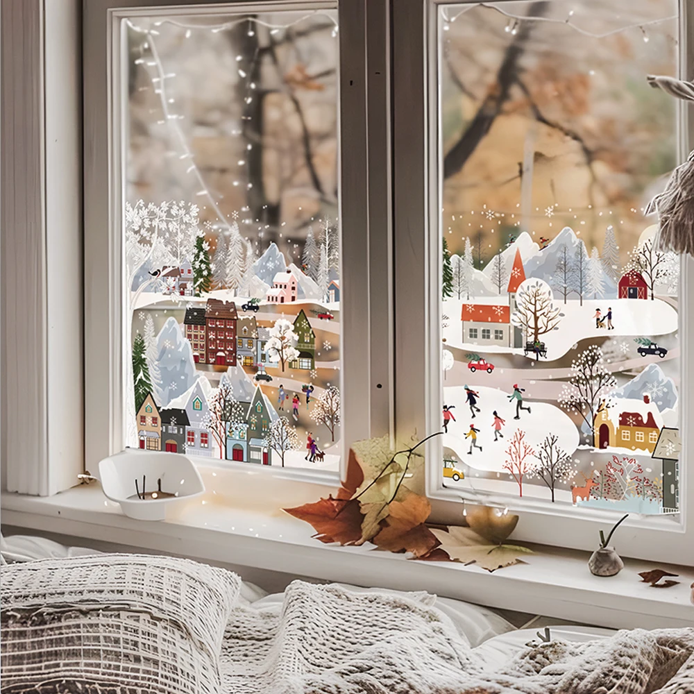 Nordic Town Double-Sided Christmas Window Clings,Static Film Xmas Scenery Glass Doors Home,Removable and Reusable Room Decals