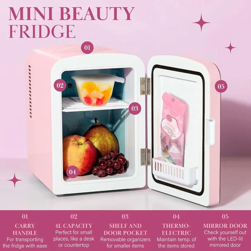 Mini Refrigerator and Personal Beauty Fridge,   and Warming Function for All Cosmetics and Skincare Needs, 4-Liter, Pink