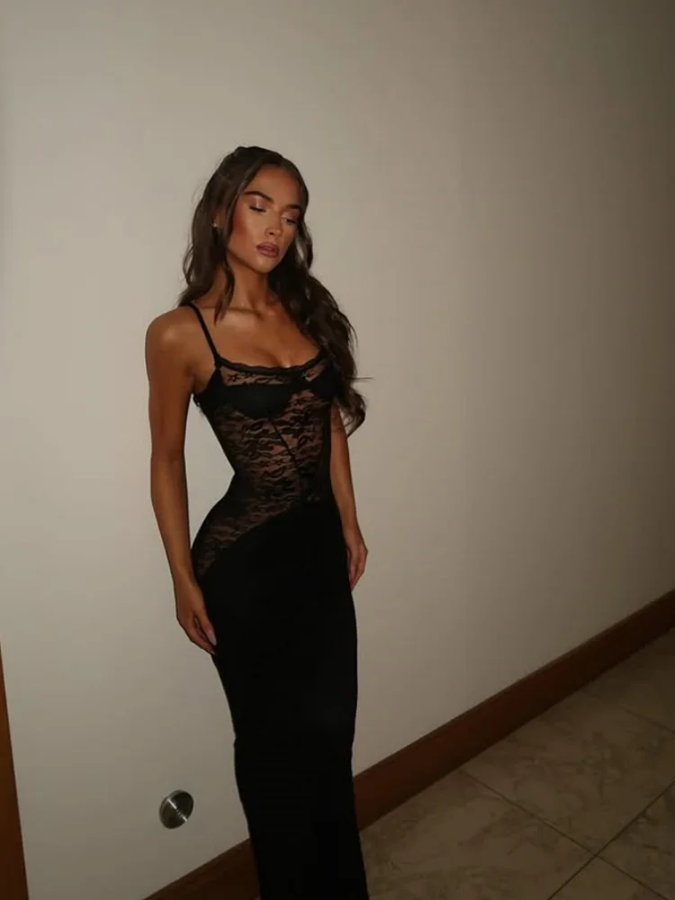 아하가가 섹시 스트랩 여성 드레스 레이스 패치워크 시스루 플로럴 캐미솔 민소매 트렌드 쉬스 엘레강트 여성 의류