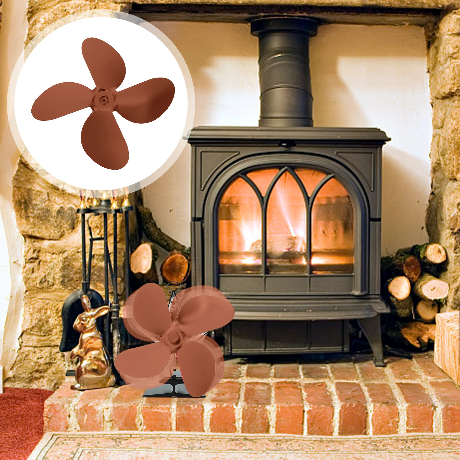 

Aluminum Heat Powered Fireplace Fan Blades Silent Stove Metal Golden Warm Air Long Use Temperature Resistant Strong