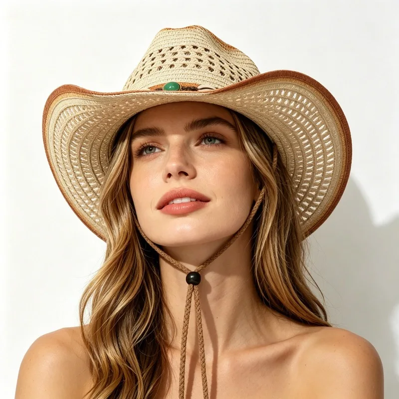 Western cowboy-style straw , ethnic-inspired , vacation protection , travel sun , woven outdoor hat
