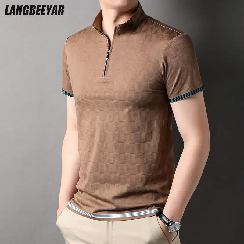 Top Grade Jacquard Zipper Luxury Summer New Brand Polo Shirts Men Fashion Plain Slim Short Sleeve Casual Tops 2023 Mens Clothing