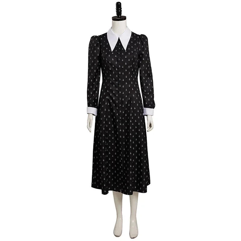 Film Wednesday Addams Jurken Cosplay Kostuums Vrouwen Meisje Weddenday Addams Cosplay Jurk Outfits Zwart Gothic Print Kostuum