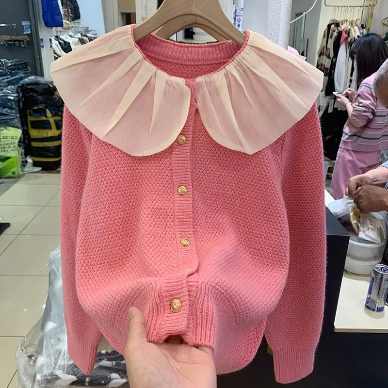 

Женский свободный свитер Materni больших размеров, пальто с кукольным воротником, вязаный топ, красивый корейский с цветочным принтом, осенне-зимний верх...