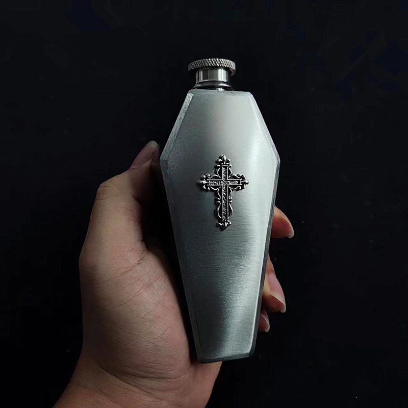 Stainless Steel 3.5oz Gothic Coffin Cross Hip Flask with Funnel - Durable Liquor Bottle Unique Gift Idea for Whiskey