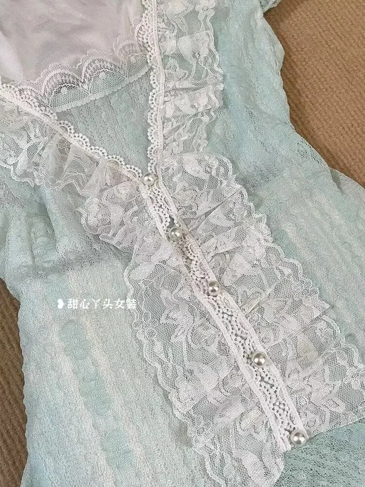 New Fashion Retro Elegant Sweet Cute Lolita Lace 2 Piece Set Women Short-sleeved Y2k Tops + Mini Cake Kawaii Mini Skirt Outfit