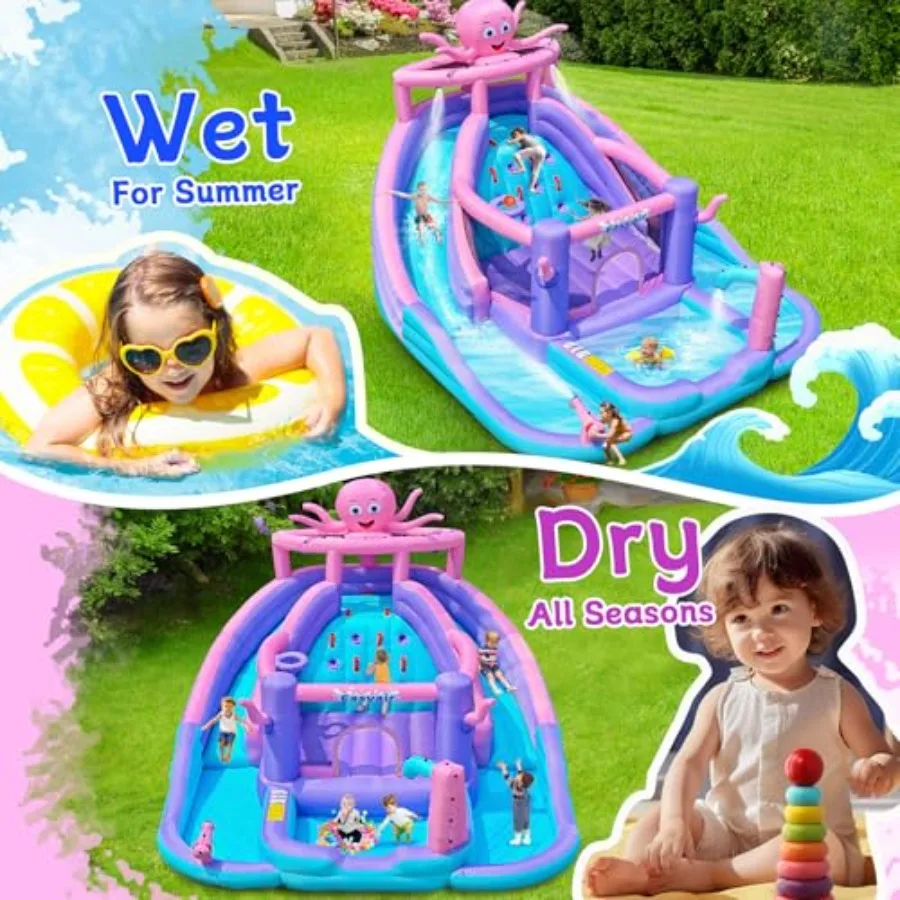 Inflatable Bounce House Water Slide Combo, Blow Up Water Slides for Backyard, Jumper with Climbing Wall, Basketball Hoop, Splas view 4