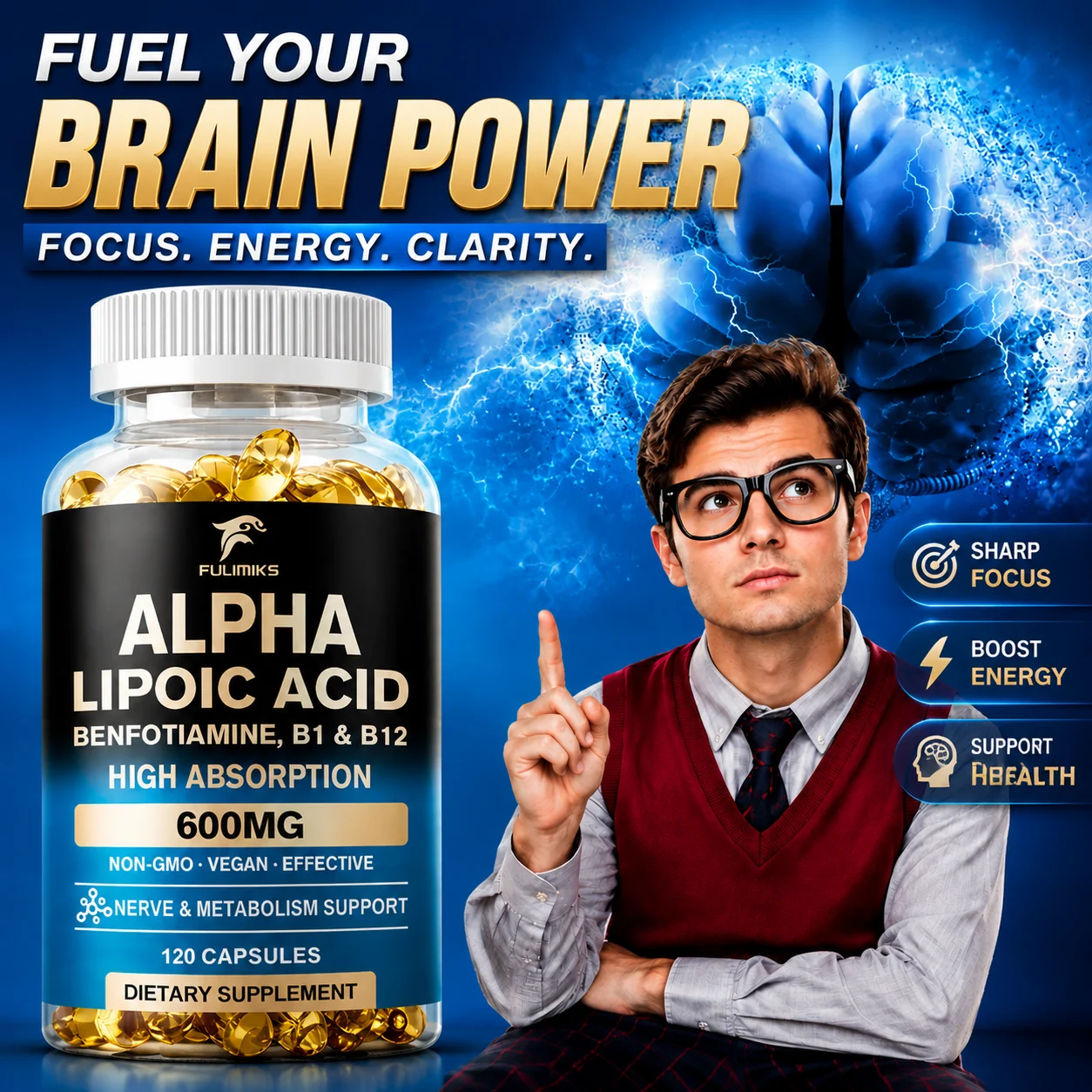 Alpha Lipoic Acid Supplement, Benfotiamine Vitamin B, Support Brain, Antioxidant, Peripheral Nerve Comfort, Energy, Metabolism