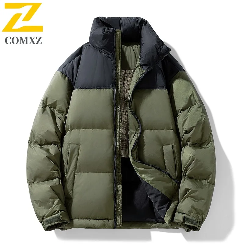 COMXZ Mens Down Jacket Fashion Stand Collar Outdoor Cycling Windproof Warm Parka Splicing Travel Cold Resistant Winter Coats