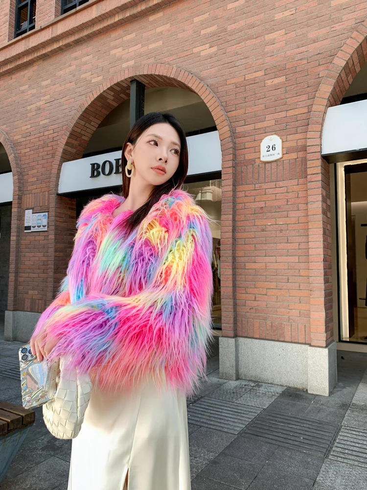 Original Design Female Fashion Pink Colorful Faux Fur Coat Lady Shaggy Outerwear Women\'s Short Jacket Factory Direct Sales