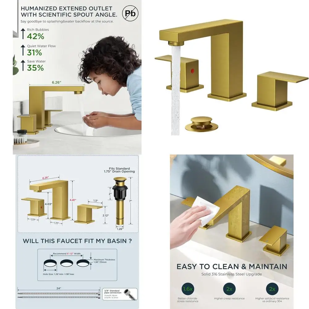 

8 Widespread Brushed Gold 3-Hole Square 2-Handle Bathroom Sink Faucet with Metal Drain and 24 CUPC Supply Lines