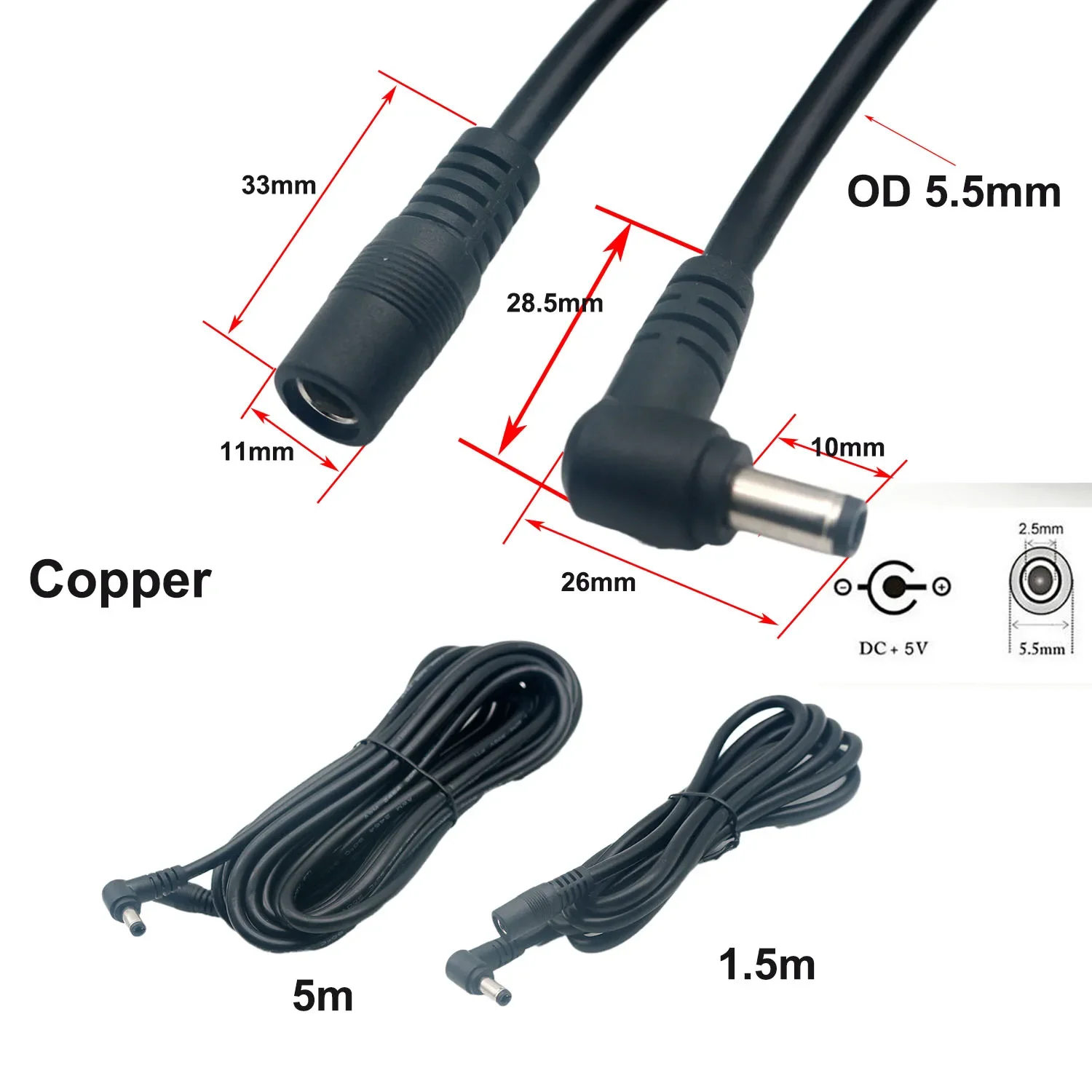 1 szt. Ładowarka DC 5,5 mm x 2,5 mm Przewód zasilający/kabel CCTV Przedłużacz 90 ° Kątowy męski na żeński 18AWG 1,5 m/5 stóp 5 m — zdjęcie 2