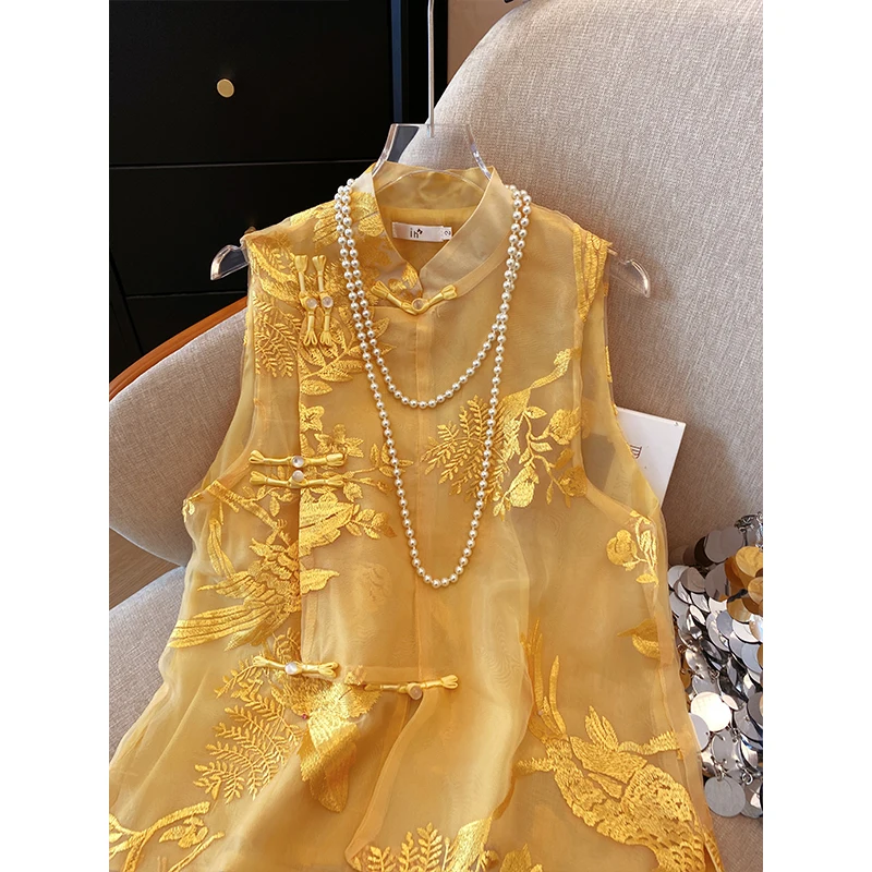Vintage Vest Shirt New Chinese Style Embroidered Stand Collar Organza Vest Spring and Summer Temperament Women\'s Clothing