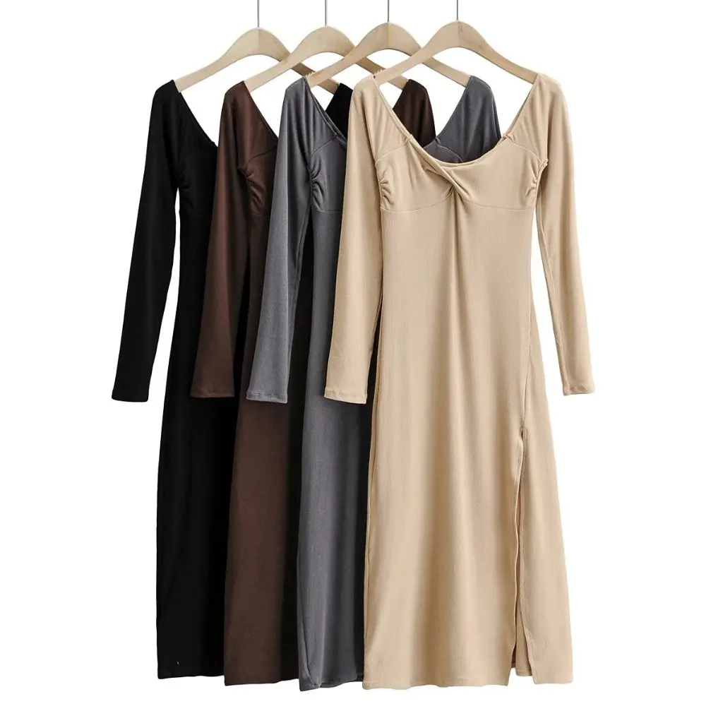 Vestido de manga larga con cuello en U de corte bajo para mujer estilo europeo y americano primavera otoño vestido Sexy con abertura lateral a la moda