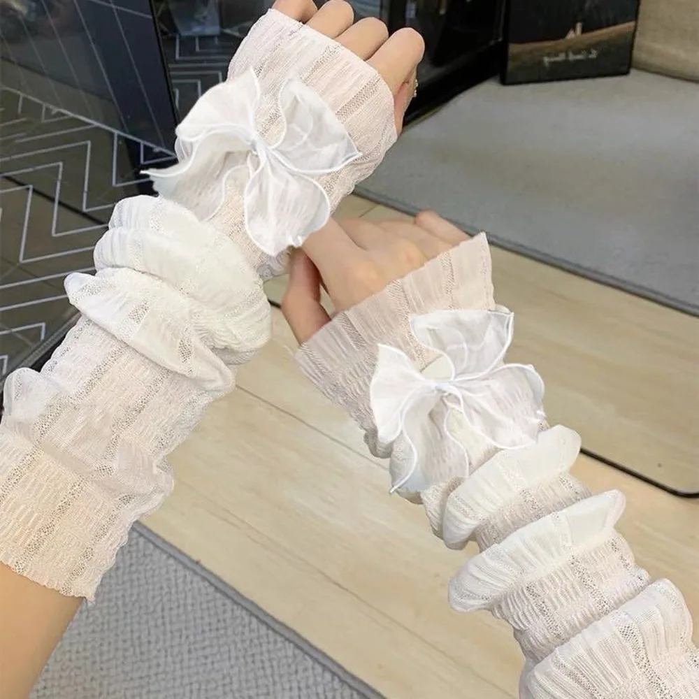 New Lace Bow-knot Ice Silk Arm Sleeves UV Protection Breathable Ice Silk Long Gloves Ultrathin Cooling Sleeve Outdoor