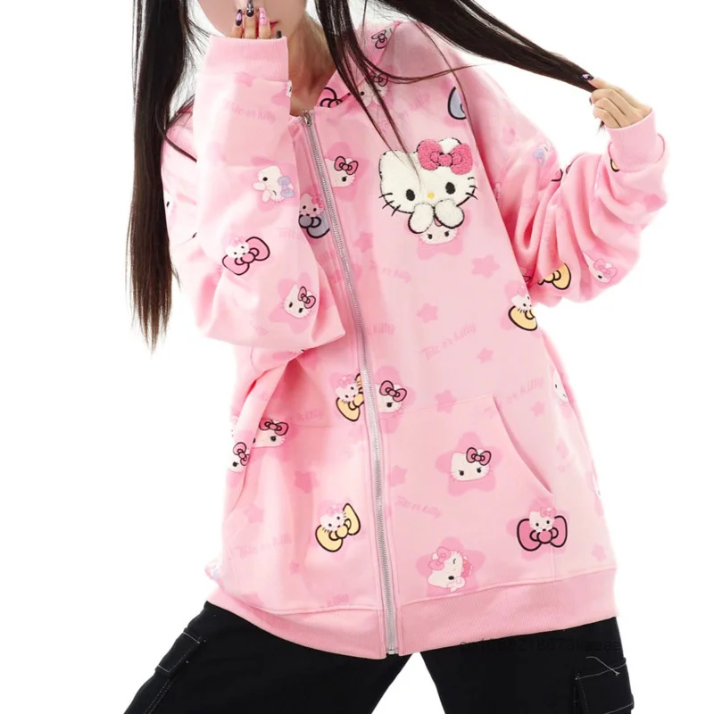 Sanrio Hello Kitty Y2k Cute Sweet Girl Style Hoodies Kawaii All Over Printed Hoodie Sweater Women\'s Autumn Trend Zipper Cardigan