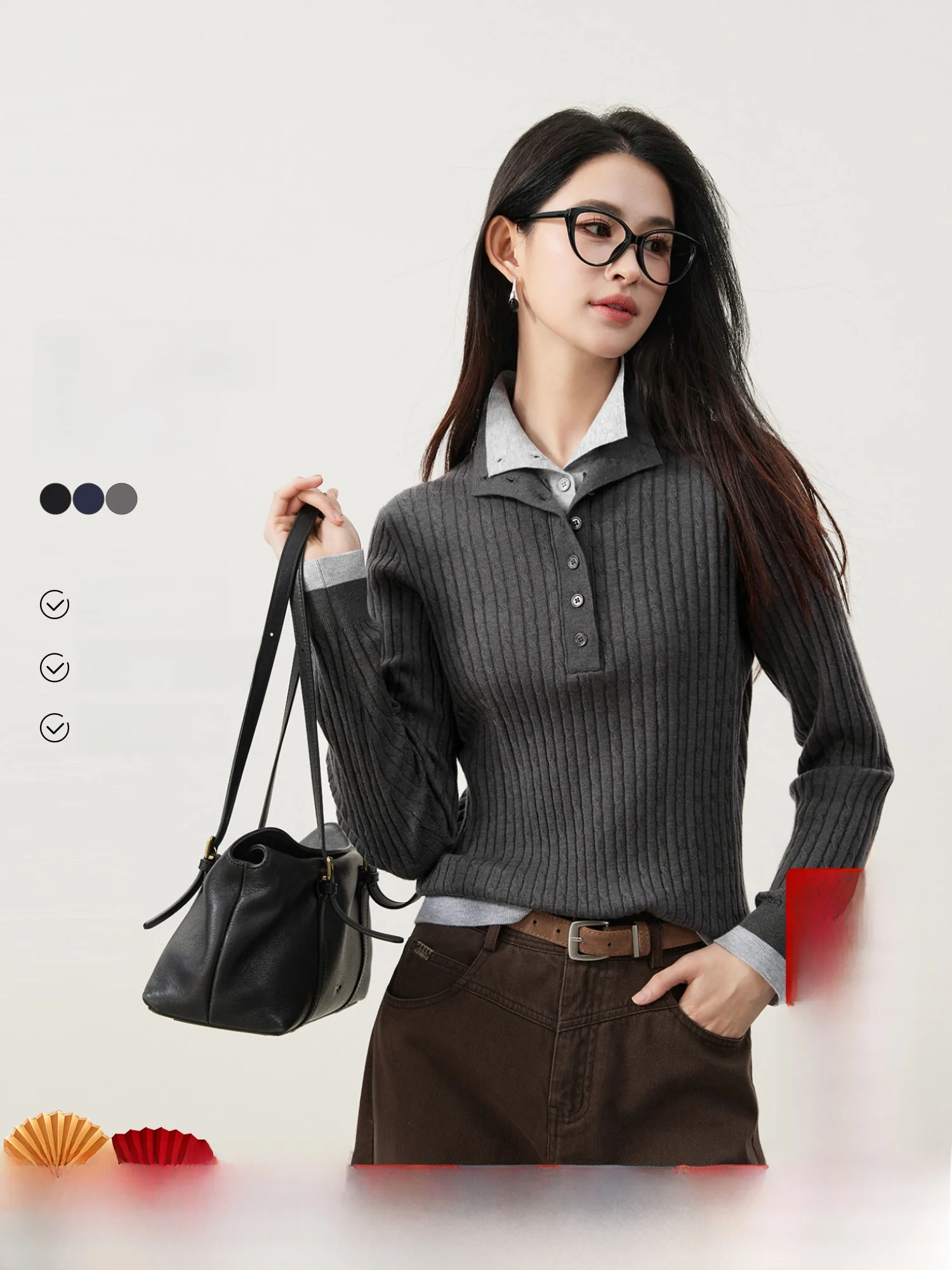 

Mijia High Quali Women's Knitted Wool Blend Sweater Fake Two-Piece Sle Double Collar Twist Color Design Spring 2026