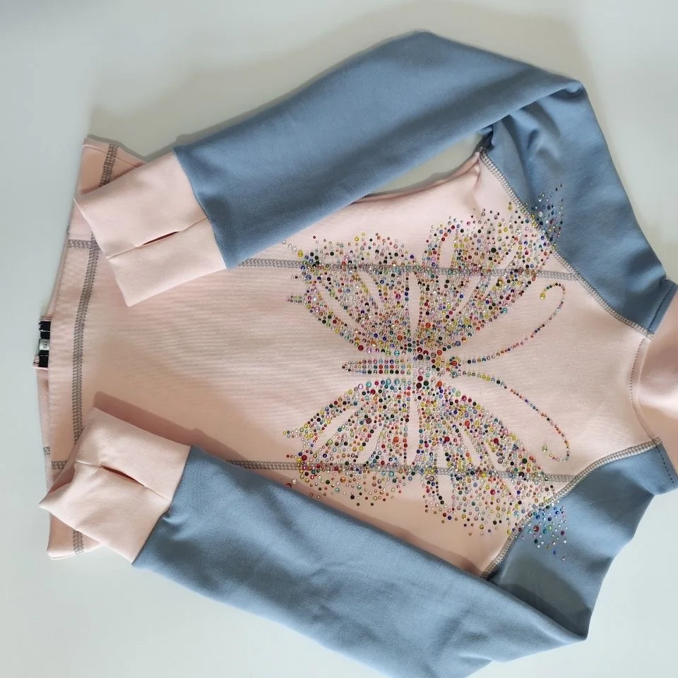 Figure skating training suit set, butterfly rhinestone and velvet ice skating suit jacket, ice skating pants