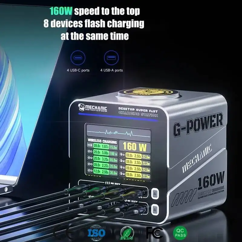 

Настольная зарядная станция GaN мощностью 160 Вт, 8-портовая USB-C/A QC3.0 PD, 100 Вт + беспроводная связь 15 Вт + интеллектуальный экран для концентратора быстрой зарядки нескольких устройств