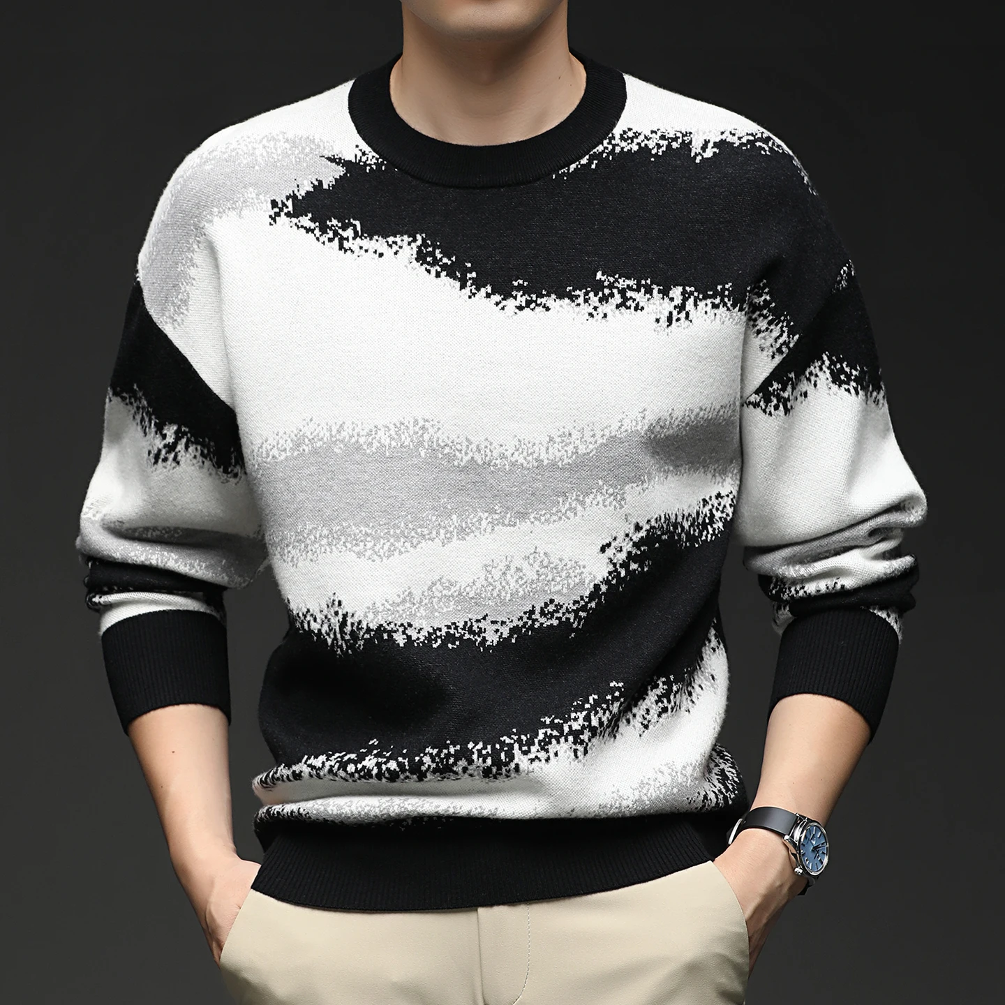 

Высококачественный камуфляжный жаккардовый вязаный свитер для мужчин, повседневный свитер с длинными рукавами и круглым вырезом, уличная одежда, пуловер 2025