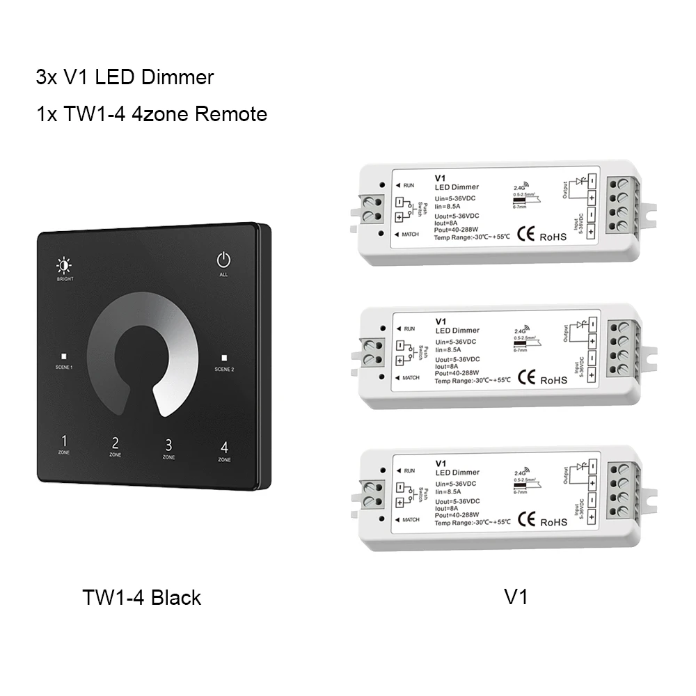 CENFAYA V1 LED-Dimmer 1 Kanal 5V 12V 24V 36V 4-Zonen-Einfarb-LED-Streifen-Dimmkit Wireless 2,4g HF-Fernbedienung Touch-Schalter Dimer 5