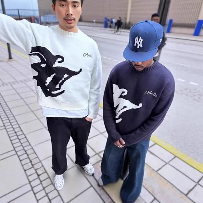 

High Street Style Knitted Sweater Coat Letter Embroidery Raised Flower round Neck Pullover Unisex Outerwear American Trend Brand